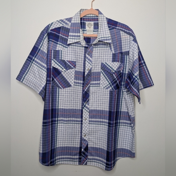 Men's Vintage Single Stitch Pearl Snap Short Sleeve Button Up Plaid Shirt L/XL - Picture 8 of 9